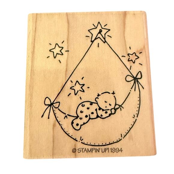 Stampin Up! Vintage 1994 Baby Sleeping On Moon Stars Rubber Stamp - Picture 1 of 2